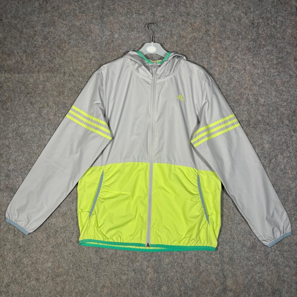 Adidas Windbreaker Jacket Mens S Grey Neon Yellow ClimaStorm Hooded CX4266